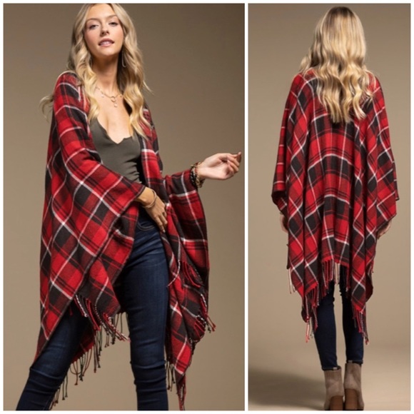 Sweaters - SOLD OUT Red Black Plaid Blanket Ruana Knit Fall Winter Fringe Open Poncho Wrap